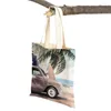 ショッピングバッグダブルプリントビーチココナッツツリーカーボートカモメショッパーバッグ再利用可能なトートバッグレディースハンドバッグカジュアルキャンバス女性