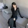 Casual Kleider Schwarz Sexy Midi Kleid Frauen Büro Dame V-ausschnitt Design Elegante Abend Party Einteilige Koreanische Herbst 2023