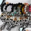 Nyckelringar Ups Party Favor Sile Cursive Cow Bead Armband Wood Disk Nyckelring Tofs Oxehuvud Handledsring Charm Hänge Drop Delivery Jew Dhzm6
