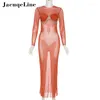 Vestidos Casuais Jacuqeline Tubo Chique Diamante Malha Vestido Longo Feminino Sexy Manga Transparente Maxi Bodycon 2023 Verão Praia Vestuário