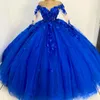 Niebieskie sukienki Quinceanera Off Shoulder 3DFlower koronkowe aplikacje Tull z długimi rękawami suknia balowa na przyjęcie urodzinowe Vestidos De 15 Anos