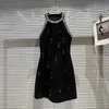 New Little Fragrance maj Dark Water Drops Sequin Diamond Neck Hanging Style Celebrity Waist Slim Fit Dress