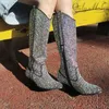 Buty Onlymaker kobiety czarne buty do kolan kowbojki z westernu botki wyczyść brokat Bling błyszczące szpiczasty nosek buty na obcasie blokowym 230711