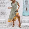 Abiti casual Donna Summer Print Floral Maxi Long Dress Moda elegante Streetwear Office Lady Ruffle Edge Manica corta 2023