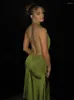 Robes décontractées BOOFEENAA strass frange licou dos nu une ligne Maxi élégant Sexy robes de soirée femmes robe de soirée vert C71-DD41