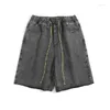 Men's Jeans Denim Shorts Summer Retro Washed Ins Loose Straight Black Gray Wide Leg Pants Elastic Waist Tie Casual