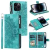 En relief 3D Mandala Totem Dentelle Fleur 8 Emplacements Pour Cartes Fermeture Éclair Sac À Main Étuis À Rabat En Cuir PU Support Dragonne Poche En TPU Pour iPhone 15 14 13 12 11 Pro Max XR X 8 7 6 Plus