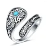 Cluster Ringen XiaoJing 925 Sterling Zilveren Zonnebloem Lepel Turquoise Verstelbare Boho Victoriaanse Vintage Sieraden Cadeau Voor Vrouwen Meisje