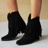 Botas AOSPHIRAYLIAN 2023 Feminino Sheep Fringe Riffed Western Denim Ankle Boots Deslizamento Fosco Quadrado Salto Alto Denim Sapatos Femininos L230711