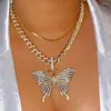 Correntes Iced Out Crystal Big Butterfly Pingente Colar Cubano Jóias Atacado Punk Hiphop Chunky Curb Link Chain Para Mulheres Presentes