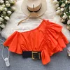 Bluzki damskie Chic Ruffle Puff Krótki rękaw Ukośna bluzka z paskiem Elegancka francuska moda Casual Crop Top Sexy Party Summer Women Shirt