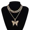 Anhänger Halsketten Bling Iced Out Strass Schmetterling Anhänger Doppel Kubanische Kette Stein T-Show Für Männer Frauen Hip Hop Schmuck