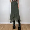 Kjolar Elegant Lady Irregular High Waist Midi-kjolar Grunge 2000-tals estetiska volanger Chiffongkjol Vitnage Streetwear Gröna kläder 230710