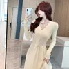 Robes décontractées Vintage une pièce coréenne robe plissée à manches longues mince femme pull élégant tricoté Midi fête automne P670