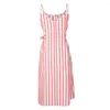 Casual Dresses Summer Women Dress Linen Spaghetti Strap Bohemian Stripe Sea Beach Fresh Button Party A-Line Sundress Sleeveless