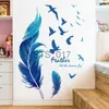 Andere decoratieve stickers Creatief Blauw Veer Vogels Muursticker Sticker Zelfklevend Behang Kunst Posters Slaapkamer Hoofdeinde Decor Meubels Decoratie x0712