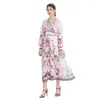 Casual Dresses V-ring Maxi Floral Dress Robes 2023 Women Designer Long Sleeve Slim Empire Midje Boho Big Swing för Holiday Ballgown