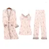 Roupa de dormir feminina 3 pçs conjunto de pijama de algodão de renda sexy para mulheres 2023 outono coreano robes de manga comprida roupa de casa pijama mujer roupas