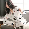 Women's Sleepwear Cotton Spring Summer Women Pajamas Sets Long Sleeve Turn-down Collar With Pocket Pyjama Button Top Pants Pijama