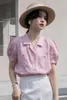 Blusas femininas tamanho grande vintage de linho verão camisa de manga curta feminina 2023 rosa bolha blusa fina feminina respirável cool top KL9