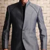 Trajes de hombre, túnica de 2 piezas para hombre con cuello levantado, esmoquin de boda personalizado para novio, traje de moda gris para hombre de negocios, chaqueta y pantalones