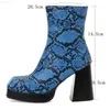 Stövlar Sgesvier Women Ankle Boots Platform Square High Heel Ladies Short Boots Snake Print Pu Leather Side Zipper Women's Boots Storlek 48 L230712