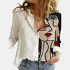 Women's Blouses Shirts Fashion Stitching Retro Face Print Long Sleeve Blouse Women 2022 Summer Lapel Button Casual Top Lady 3XL Cotton Polyester Shirts L230712