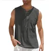 Männer Casual Hemden Baumwolle Leinen Leeveless Weste Verband Spitze Up Bluse Retro V-ausschnitt Mode Lose Hemd Männlich Einfarbig kleidung 230711