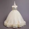 Mädchenkleider Mädchen Sommer Pailletten bestickte Schleife elegantes Netz Gaze Puffy Kleid Hochzeitskleid Bühnenkostüm Ballkleid Mädchenkleidung SweetHKD230712