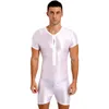 Roupa de banho masculina Macacão com zíper brilhante de peça única Manga curta Macacão elástico Treino Musculação Fitness Roupas esportivas