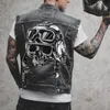 Giacche Nuovo Gilet da motociclista da uomo Stampa teschio Hip Hop Punk Rock Biker Gilet di jeans Gilet Cappotto giacca di jeans senza maniche in cotone strappato