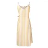 Casual Dresses Summer Women Dress Linen Spaghetti Strap Bohemian Stripe Sea Beach Fresh Button Party A-Line Sundress Sleeveless