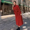 Vrouwen Wol Blends Winter Trenchcoat Voor Vrouwen Elegante Mode Koreaanse Casual Dikke Wollen Jas Rode Vetersluiting Lange Jas Zwarte Vrouw Jas Met Blet HKD230712