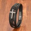 Nieuwe Retro Mannen Zwart Rvs Cross Lederen Armband met Magnetische Sluiting Mode-sieraden Gift Gratis Verzending L230704