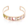 Pulseira de cristal colorido FELICE letras pulseira de aço inoxidável rosa ouro manguito jóias da moda presentes de festa para mulheres