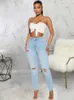 Vrouwen Jeans 2023 Zomer Vrouwen Elastische Skinny Potlood Denim Broek Mode Empire Waisted Button Up Hollow Out Ripped enkellange