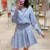 New M-aje Mixed Color Stripe Design Feeling Slim Waist with 100 Pleated Shirt Collar Long Sleeve Dress