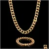 Bracelet Necklace Hip Hop Cuban Link Chain Set Heavy 18K Real Gold Plated Stainless Steel Metal For Men Drop Delivery Jewelry Sets Dhoig