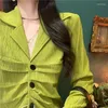 Женские блузки зарезанные рубашки Женщины складывают зеленые стройные дизайнерские уличную одежду личные дамы винтажные европейские камисы Demper Y2k одежда