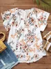 Blusas Femininas de Verão Elegante Blusa Decote em V Floral com Babados Ajuste Solto Manga Curta Camisas Casuais Escritório Bonito Trabalho