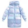 Jackets 2023 kids Winter Jacket For Girls Bright iridescent Thicken Coat Hooded Velour Outwear 12y 230711