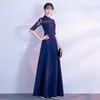 Etnische Kleding Marineblauw Applicaties Vrouwen Cheongsam Rok Lange Satijn Halve Mouw Banket Chinese Jurken Fit En Flare Gown Vestid2349