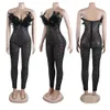 Designer Diamonds Jumpsuits Summer Women Plus size 3XL Sexy Strapless Feather Rompers See Through Sheer Backless Playsuit One Piece Overalls Night Club Wear 10009