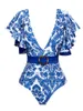 Damenbadebekleidung 2023 Frauen Blau Mode Tiefer V Rüschendruck Bequemer einteiliger Urlaub Enger Gürtel Badeanzug Bikini und Vertuschung