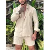 Mens Tracksuits Men Hawaiian Sets Beach Summer Long Sleeve Stand Collar Shirt Board Shorts 2 Pieces Streetwear Cotton Linen 230712