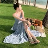 Casual Kleider Süße Chic Sommer Spaghetti Strap Urlaub Strand Kleid Frauen V-ausschnitt Stickerei Aushöhlen Baumwolle Schlanke Taille Lange vestidos