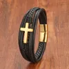 Nieuwe Retro Mannen Zwart Rvs Cross Lederen Armband met Magnetische Sluiting Mode-sieraden Gift Gratis Verzending L230704