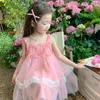 Fille robes enfants 2023 été filles rose décalcomanie sans manches licou maille robe fête princesse