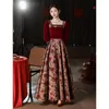 Party Dresses Vintage Red Velvet Evening Women Autumn Winter Square Neck Long Sleeve Prom Dress Elegent Floral Pearl A-Line Gown