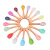 Children Silicone Spoons Wooden Handle Coffee Scoops Baby Training Spoon Home Kitchen Tableware 28 Colors